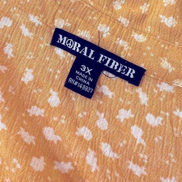 Moral Fiber Blouse Yellow Mustard White Rose/Polka Dot Mini Print tie front 3X - Picture 5 of 9